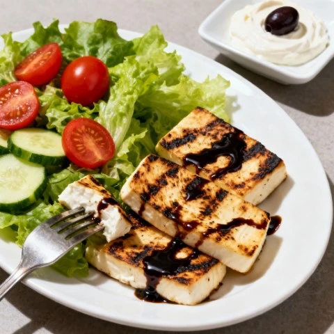 Ladokola salad grilled haloumi lettuce tomato in old port skiathos (2)